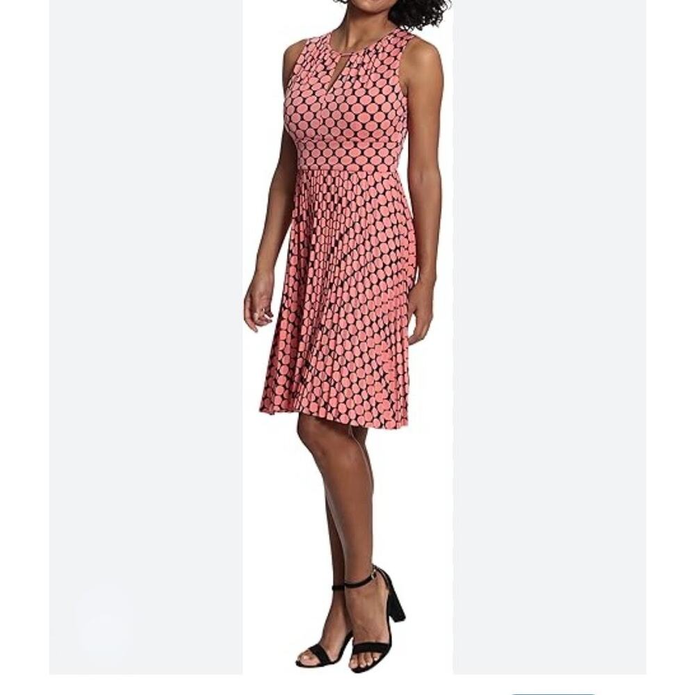 London Times NWT polka dot pleated sleeveless spring summer midi dress 12 melon
